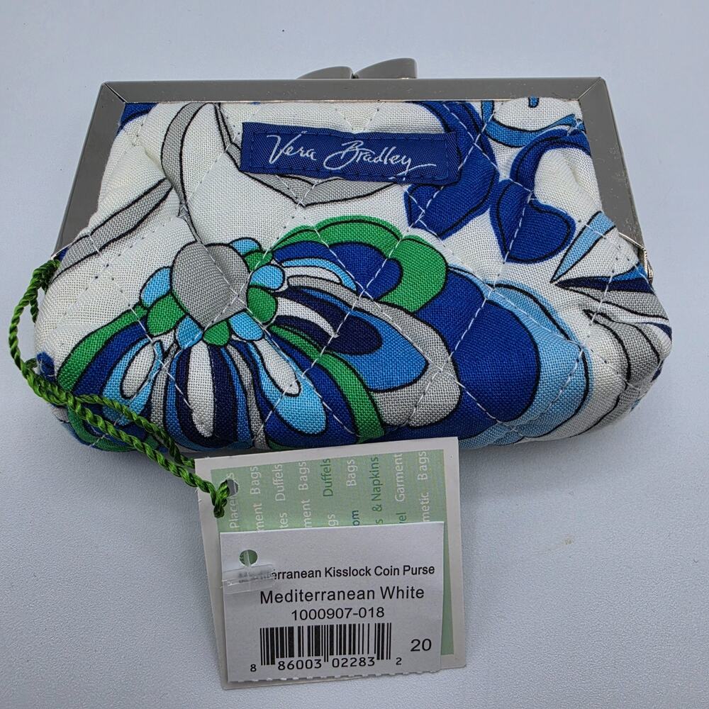 Vera Bradley Mediterranean White Kisslock Coin Purse NWT Retired Floral Blue